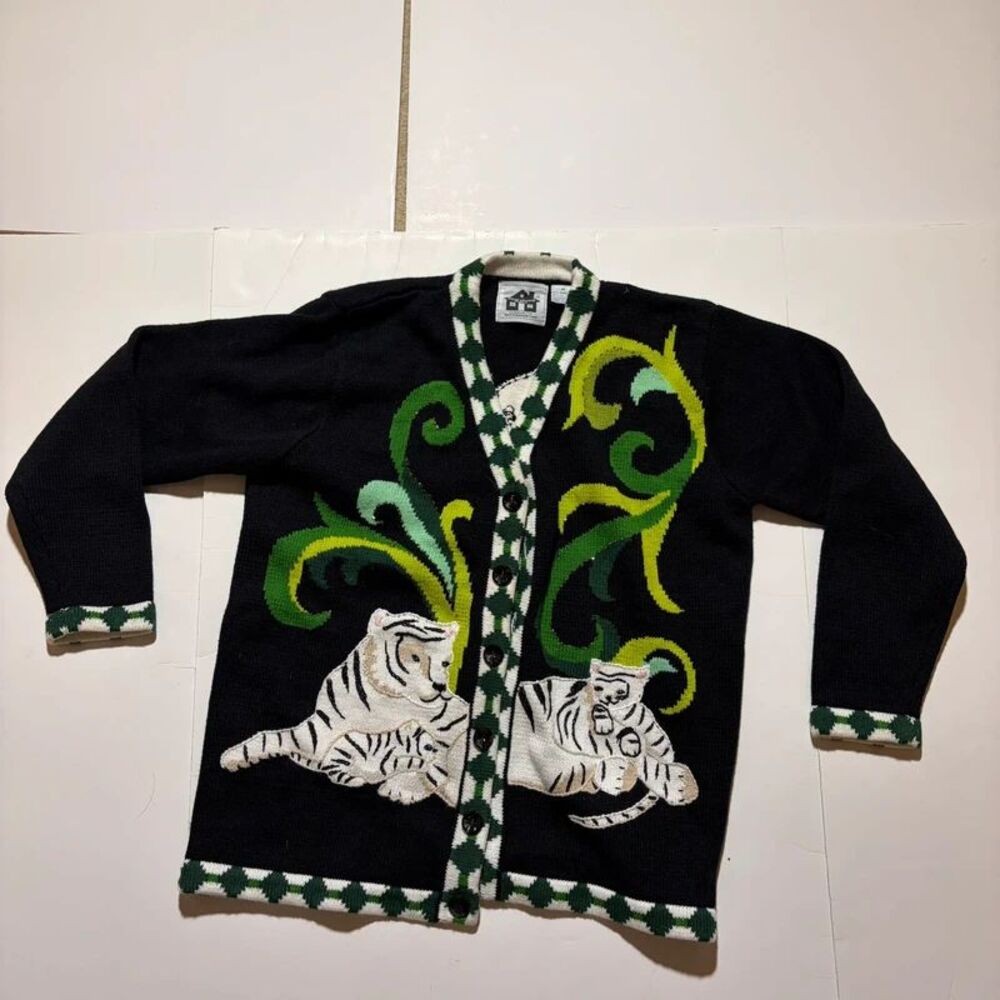 Storybook, knits, green, white and black white tiger pattern cardigan
